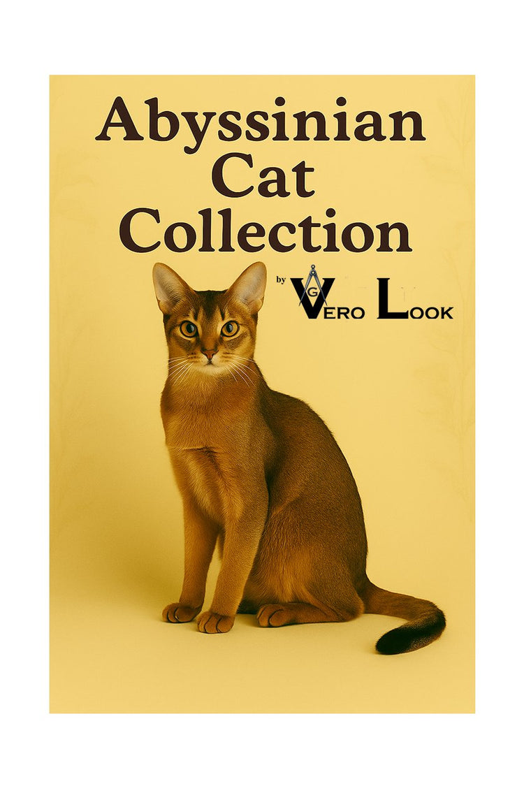 Abyssinian cat with a sleek ruddy ticked coat and alert golden eyes sits poised against a beige floral background, featured in the “Abyssinian Cat Collection” by Vero Look — ideal for cat lovers who admire elegance, agility, and ancient feline lineage.