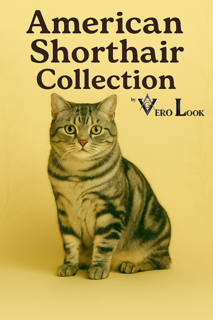 American Shorthair cat with a silver tabby coat and vivid greenish-yellow eyes sits confidently against a soft beige floral background, featured in the “American Shorthair Collection” by Vero Look — ideal for classic, dependable cat lovers.