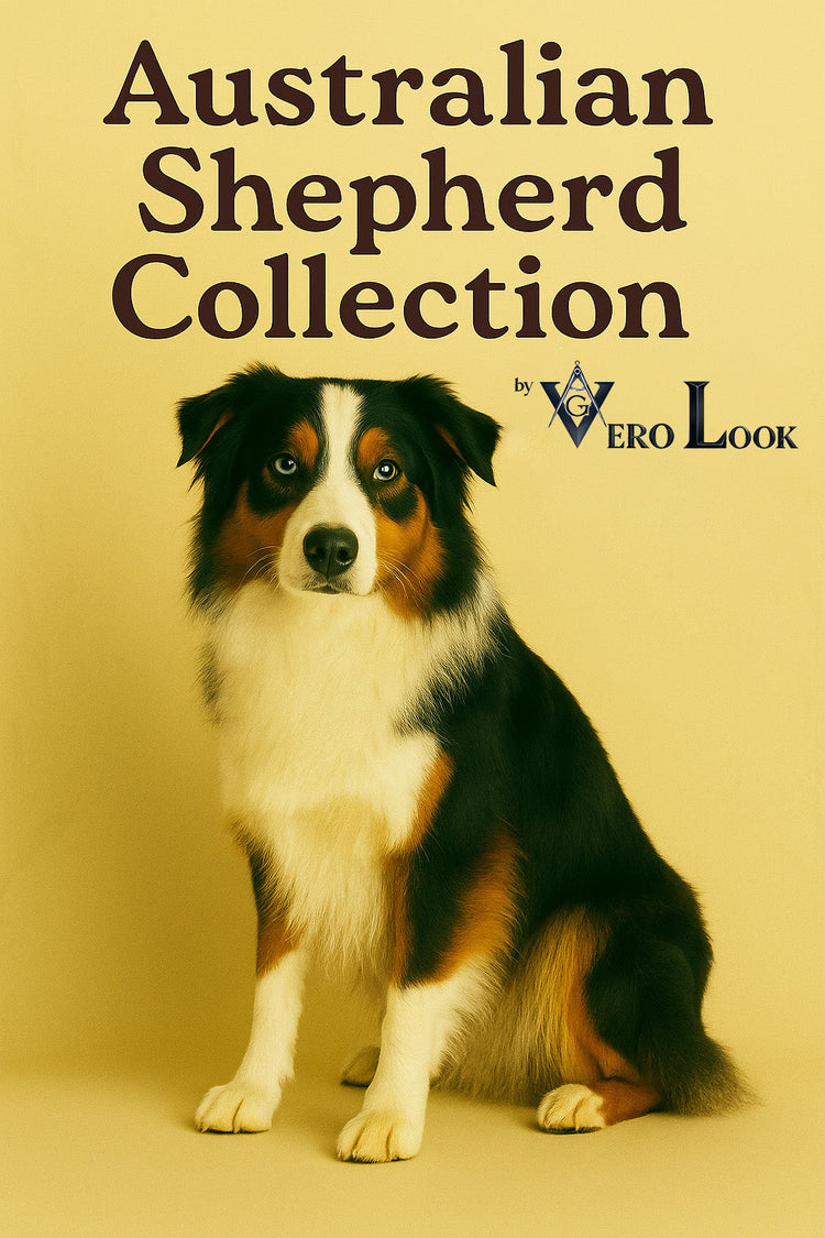 Australian Shepherd with a tri-color coat and striking heterochromatic eyes sits confidently against a soft beige floral background, featured in the “Australian Shepherd Collection” by Vero Look — ideal for smart, active dog lovers.