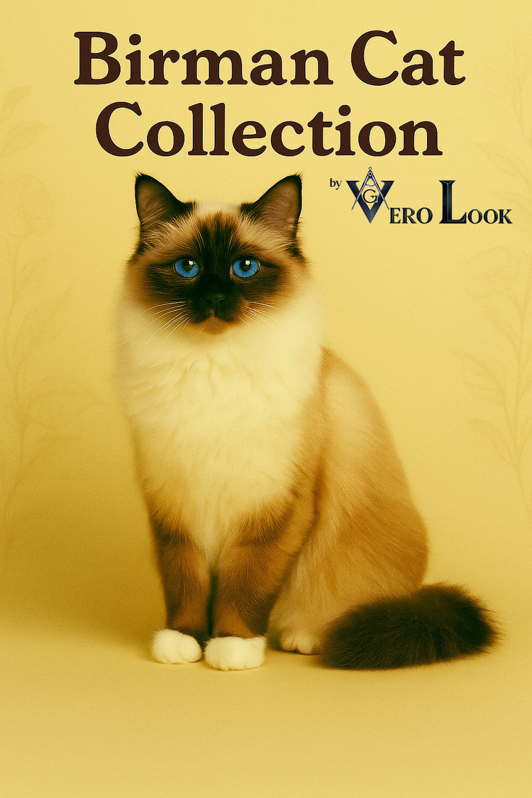 Birman cat with a silky cream coat, dark chocolate points, and pure white “glove” paws sits peacefully against a soft beige floral background, featured in the “Birman Cat Collection” by Vero Look — perfect for elegant, affectionate feline lovers.