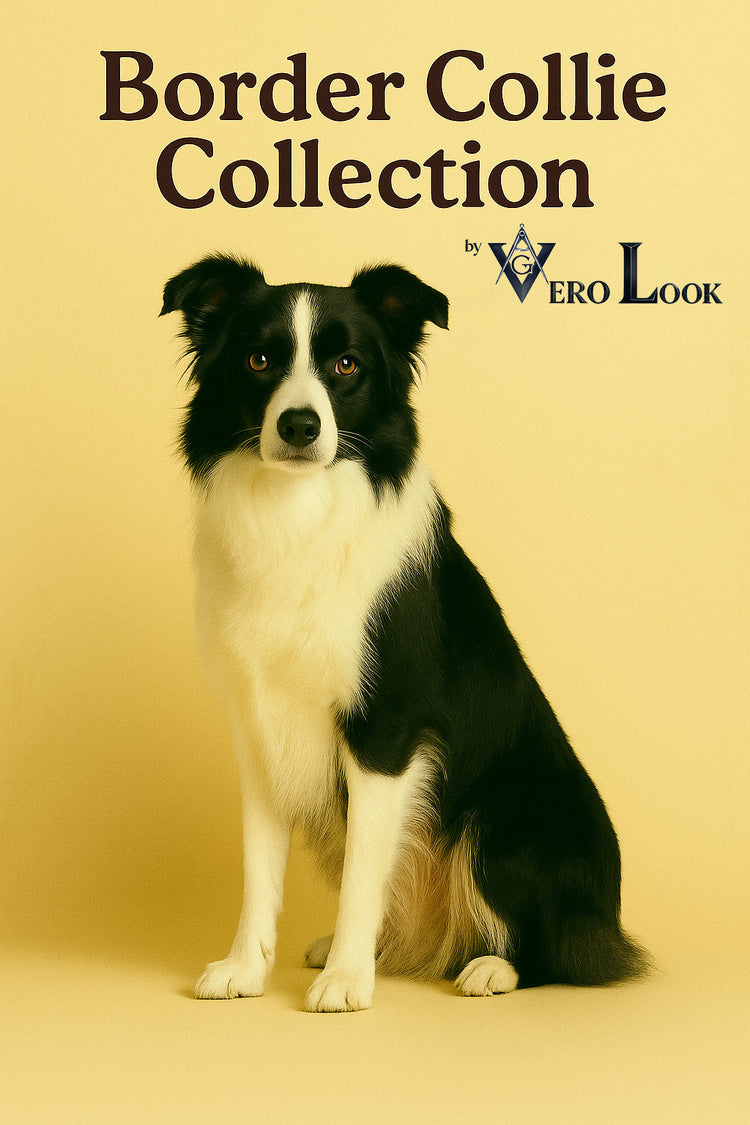Border Collie with a sleek black and white coat sits attentively against a beige floral background, featured in the “Border Collie Collection” by Vero Look — perfect for smart, active dog lovers who value agility, style, and loyalty.