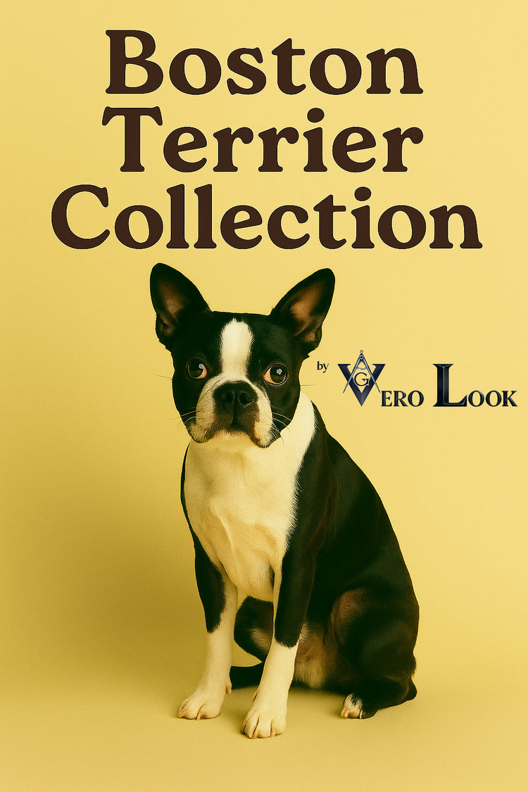 Banner featuring a stylish Boston Terrier dog sitting against a warm monochrome background with bold serif typography above. Perfect for promoting breed-specific apparel and accessories in a clean, high-converting design style by Vero Look
