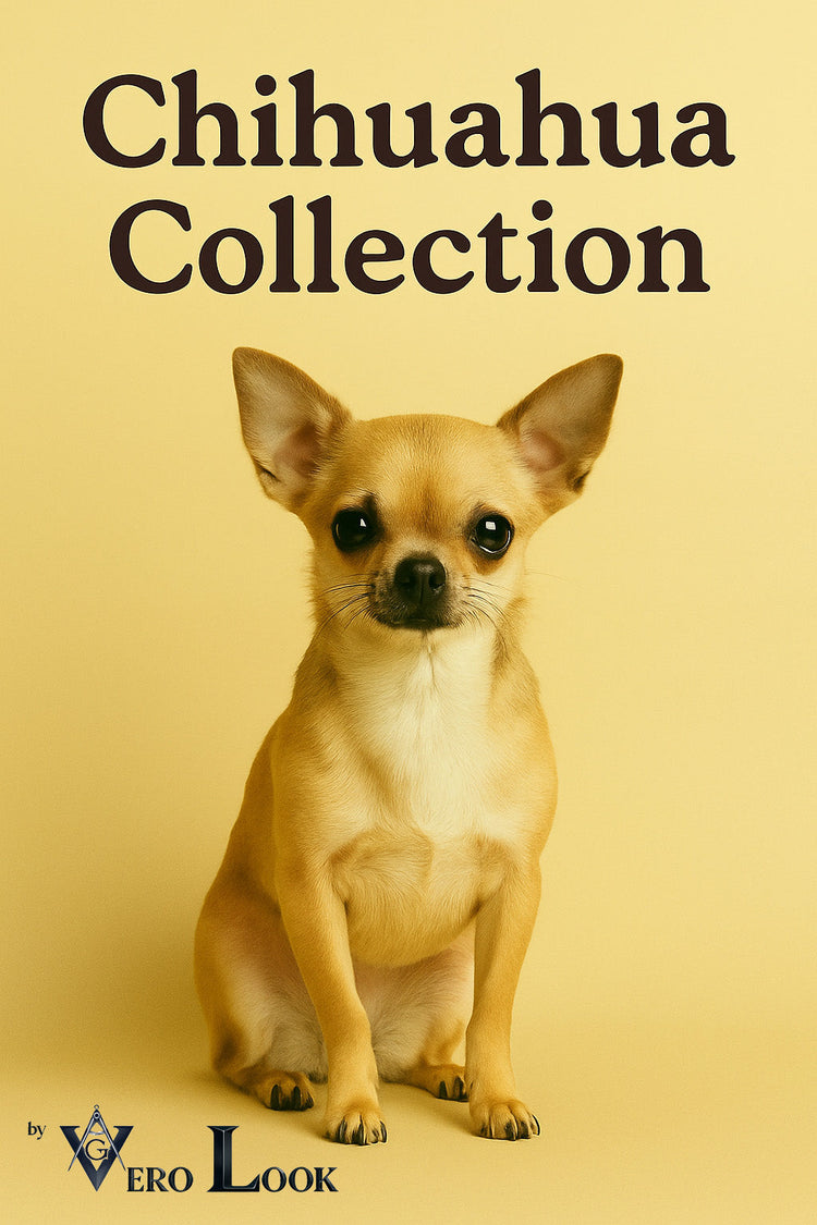 Banner featuring a small Chihuahua dog sitting confidently on a monochrome background with bold vintage-style serif typography. Ideal for promoting stylish Chihuahua-themed apparel and accessories by Vero Look.