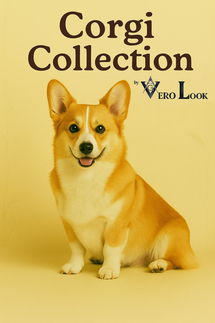 Smiling Pembroke Welsh Corgi with a golden and white coat sits proudly against a soft beige floral background, featured in the “Corgi Collection” by Vero Look — ideal for stylish dog lovers who adore playful, royal-inspired gifts and apparel.