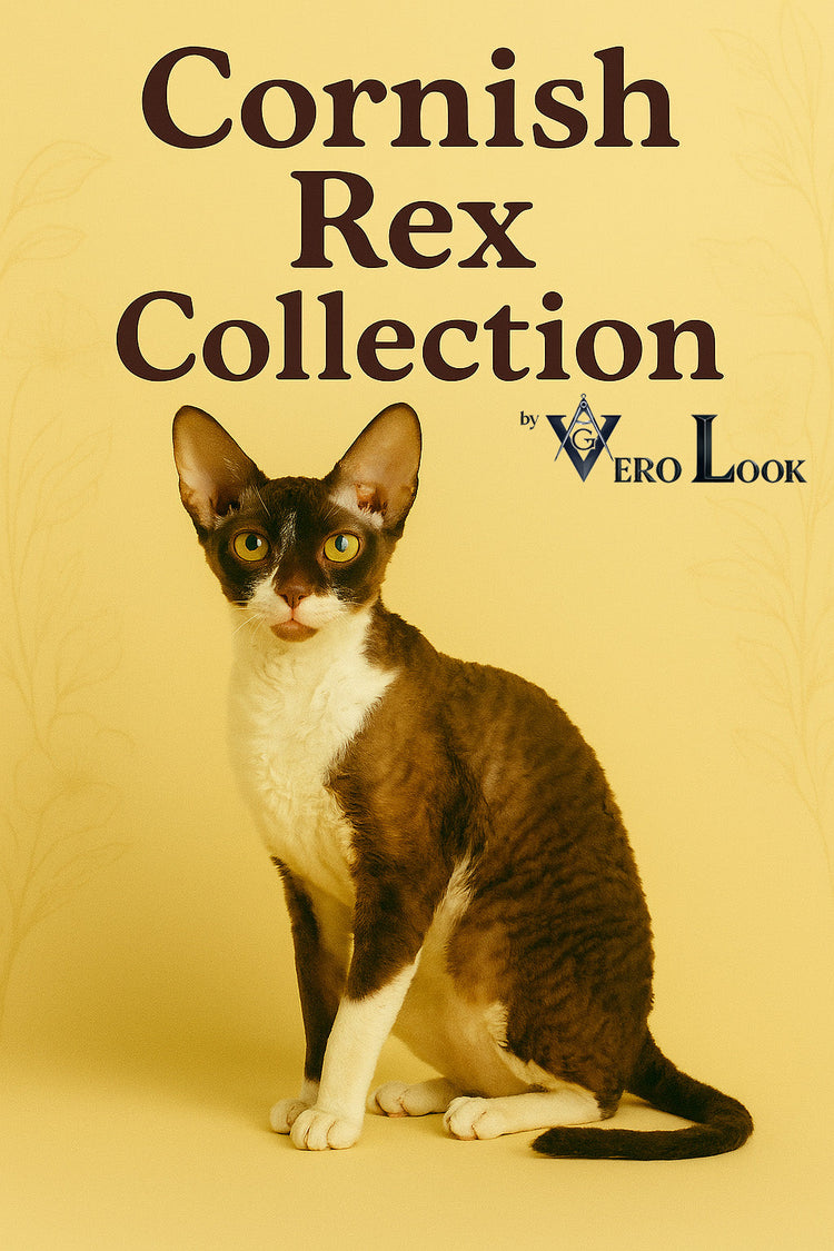 Cornish Rex cat with a curly chocolate and white coat, large upright ears, and golden eyes sits alertly against a soft beige floral background, featured in the “Cornish Rex Collection” by Vero Look — ideal for playful and unique cat lovers.