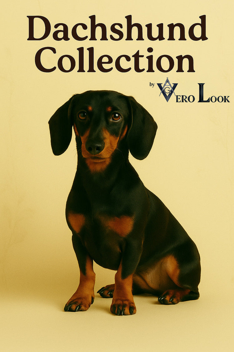 Elegant Dachshund sitting against a beige floral backdrop, featured in the “Dachshund Collection” by Vero Look — ideal for sausage dog lovers seeking playful, stylish apparel and pet-themed gifts.