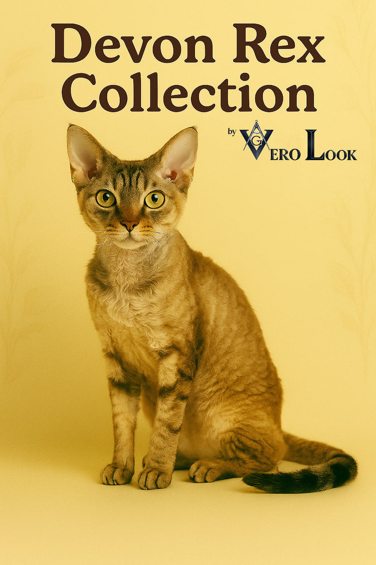 Devon Rex cat with a curly light brown coat, large golden eyes, and oversized ears sits upright against a beige floral background, featured in the “Devon Rex Collection” by Vero Look — ideal for quirky cat lovers who adore unique feline charm.