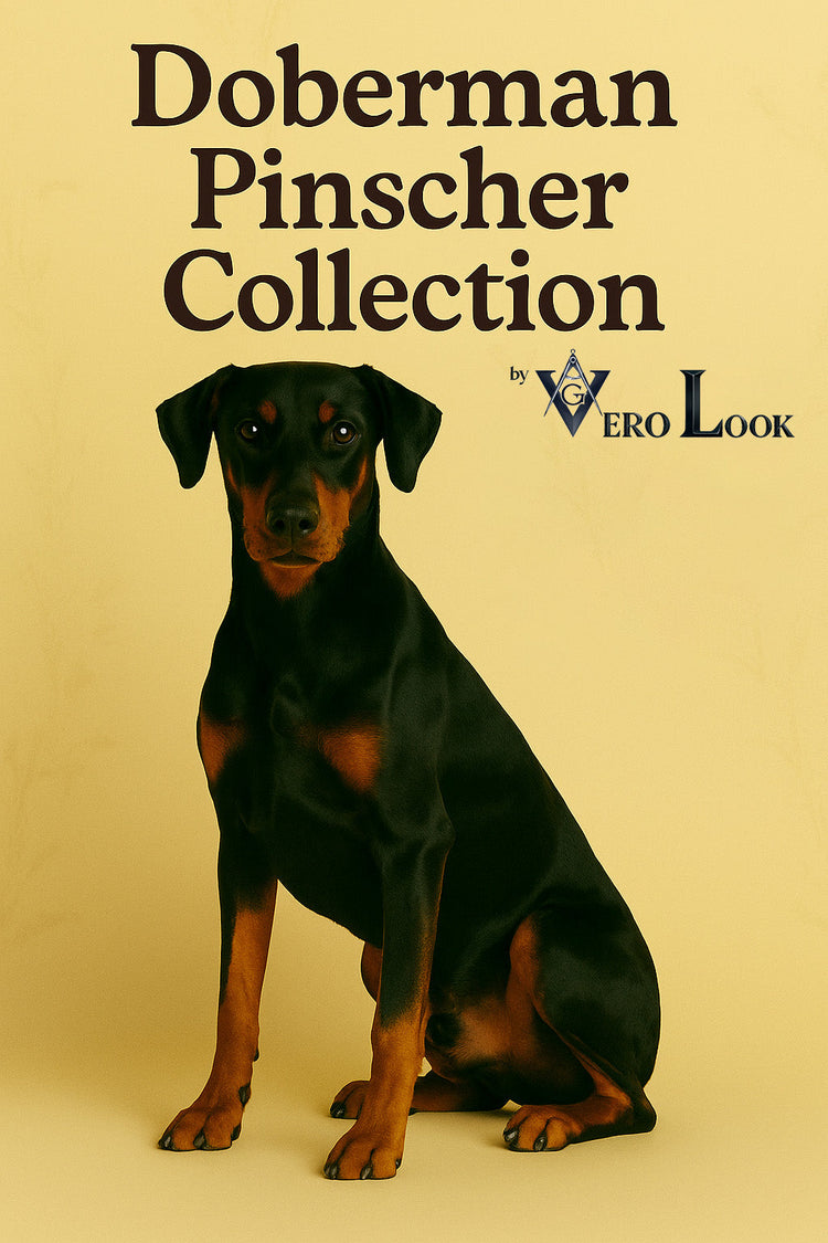 Elegant Doberman Pinscher with natural ears sits against a beige floral background, featured in the “Doberman Pinscher Collection” by Vero Look — perfect for bold dog lovers seeking sleek, powerful, pet-themed apparel and accessories.