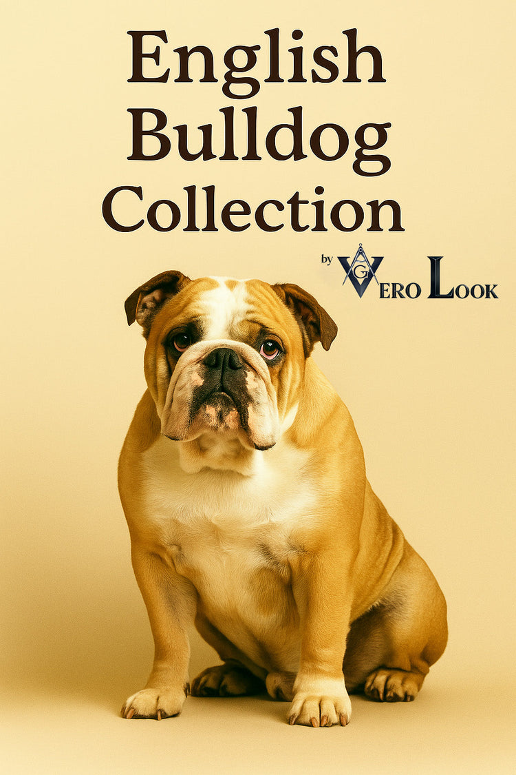 English Bulldog sitting below the title ‘English Bulldog Collection by Vero Look.’ Ideal for showcasing bulldog-themed gifts, apparel, and home decor.