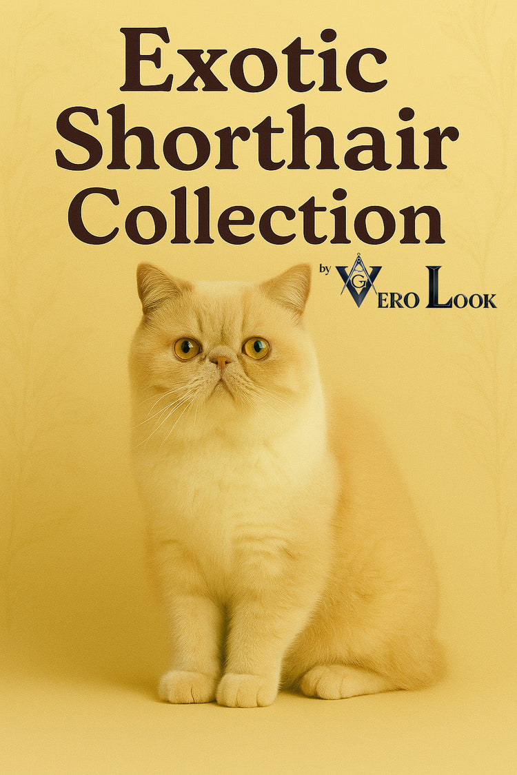 Exotic Shorthair cat with a plush cream-colored coat, flat face, and amber eyes sits on a vintage floral chair with wildflowers, featured in the “Exotic Shorthair Collection” by Vero Look — ideal for lovers of soft, sweet, teddy bear-like feline charm.