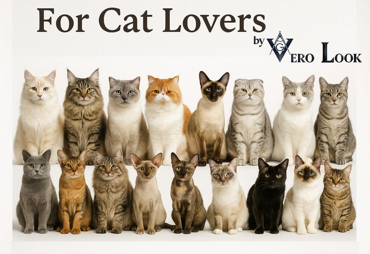 Promotional banner titled “For Cat Lovers” by Vero Look, featuring 20 popular cat breeds including Maine Coon, Ragdoll, Sphynx, Bengal, and Persian, all posed against a beige floral background.