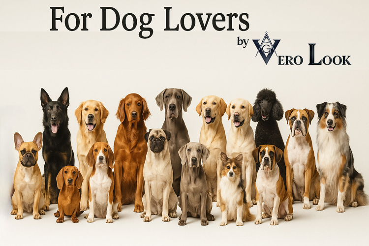 A lineup of 20 dog breeds in a horizontal banner with the text ‘For Dog Lovers by Vero Look.’ Designed for showcasing dog-themed apparel, gifts, and decor.
