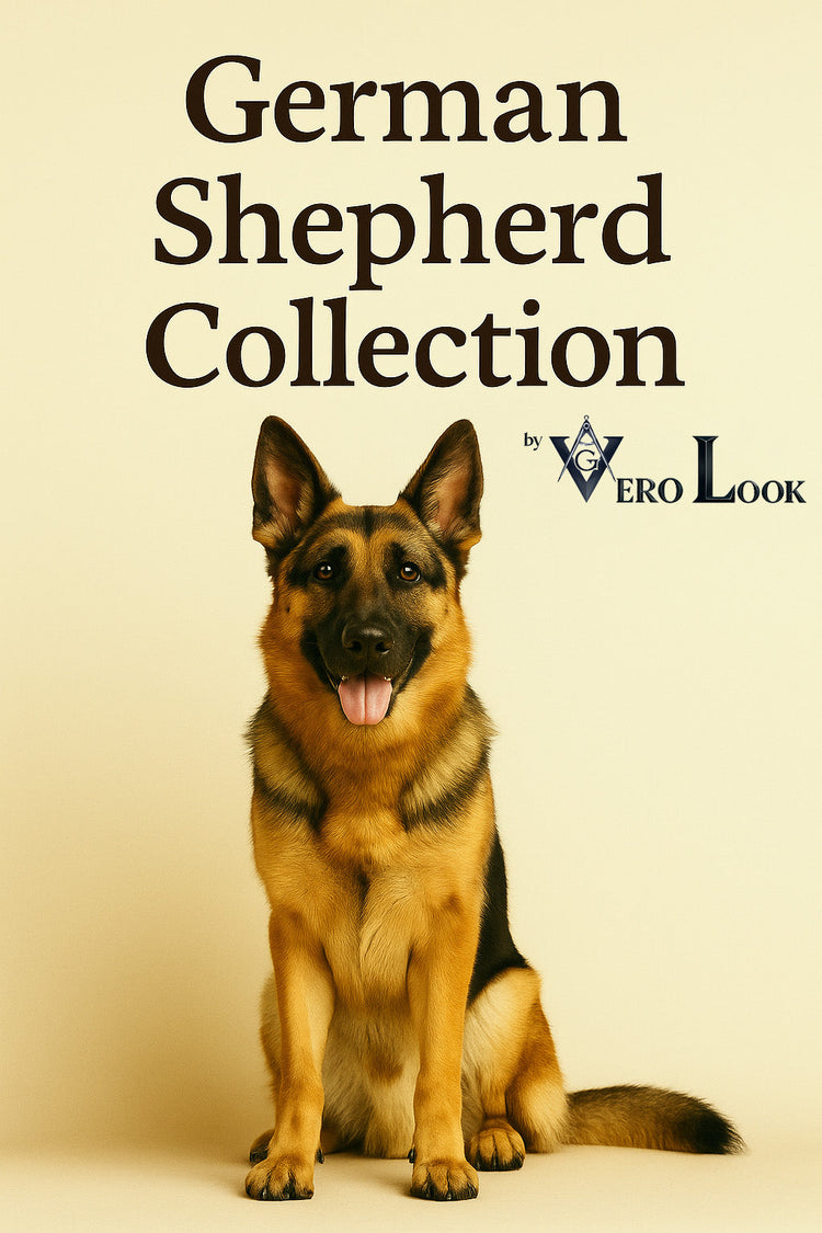 German Shepherd sitting upright beneath the title ‘German Shepherd Collection by Vero Look.’ Ideal for showcasing GSD-themed apparel, gifts, and home decor.