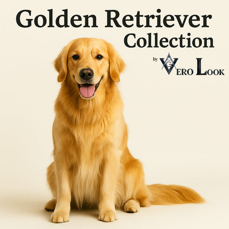 Golden Retriever sitting and smiling beneath the title ‘Golden Retriever Collection by Vero Look.’ Ideal for showcasing dog lover apparel, gifts, and decor.