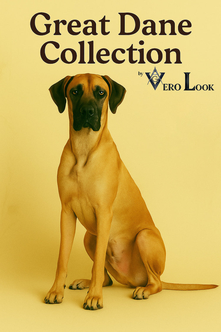 Majestic Great Dane with a fawn coat and black mask sits tall against a soft beige floral background, featured in the “Great Dane Collection” by Vero Look — ideal for gentle giant lovers seeking elegant, bold dog-themed apparel and gifts.