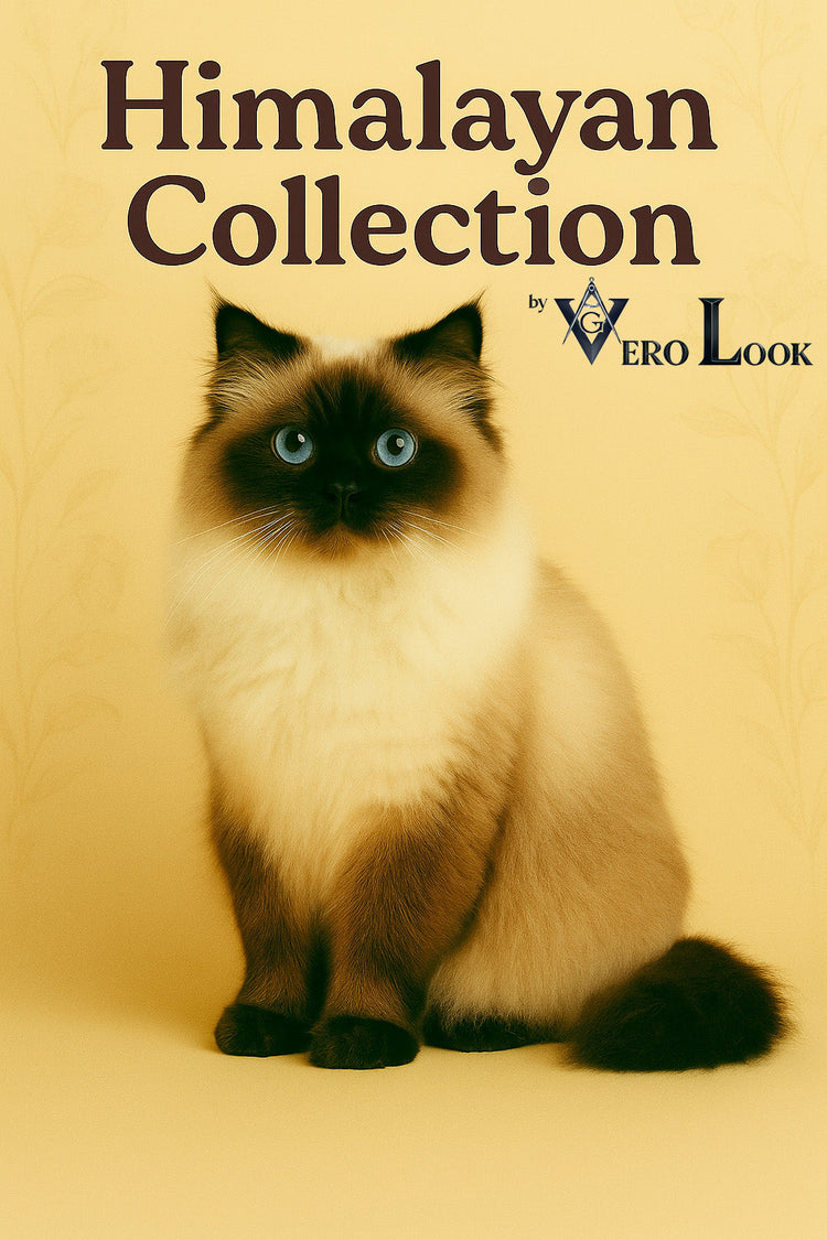 Himalayan cat with a long, creamy coat and deep blue eyes sits serenely against a soft beige floral background, featured in the “Himalayan Collection” by Vero Look — perfect for cat lovers who admire elegance, calm, and Persian-Siamese beauty.