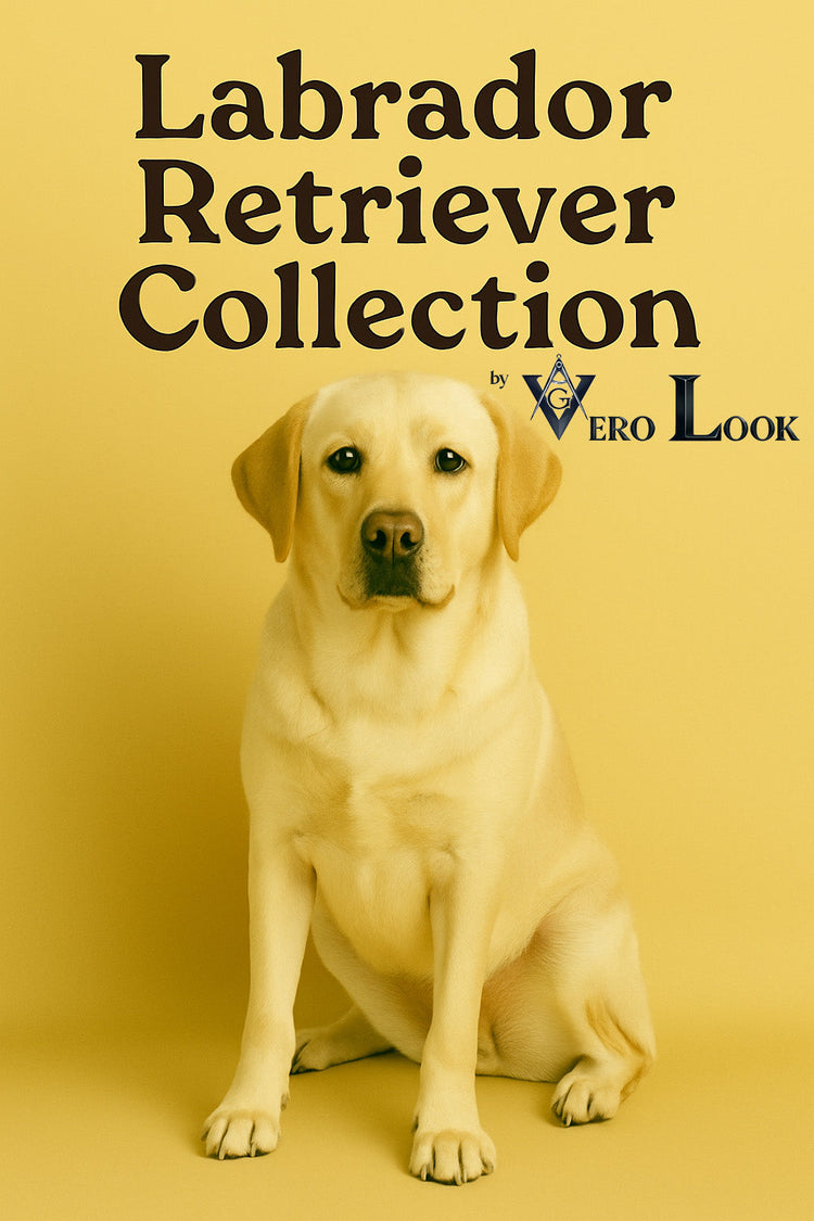 Smiling Labrador Retriever sitting under the title ‘Labrador Retriever Collection by Vero Look.’ Perfect for dog lover apparel, mugs, and breed-specific gifts.