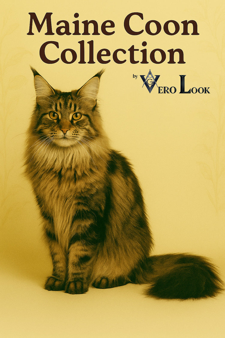 Majestic Maine Coon cat with lynx-tipped ears, long tabby fur, and a bushy tail sits proudly against a soft beige floral background, featured in the “Maine Coon Collection” by Vero Look — ideal for bold cat lovers and gentle giant fans.