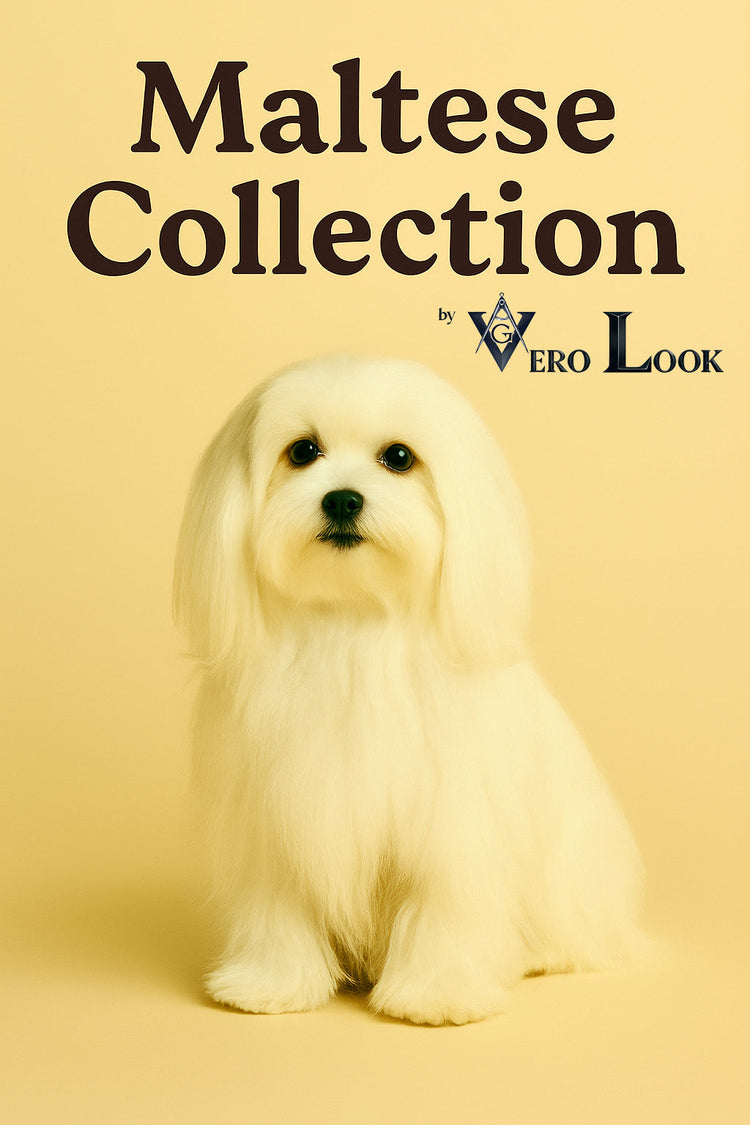 Banner featuring a fluffy white Maltese dog seated gracefully on a soft-toned monochrome background with elegant serif typography above. Designed to promote premium Maltese-themed apparel and dog lover products by Vero Look.
