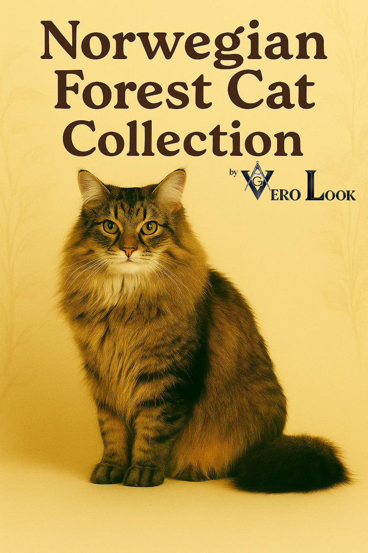 Norwegian Forest Cat with a thick, long brown tabby coat and green almond eyes sits majestically against a soft beige floral background, featured in the “Norwegian Forest Cat Collection” by Vero Look — perfect for nature-loving cat enthusiasts.