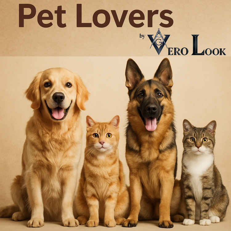 Banner image of two dogs and two cats under the title ‘Pet Lovers by Vero Look.’ Showcasing pet lover apparel, gifts, and home decor for dog and cat owners.
