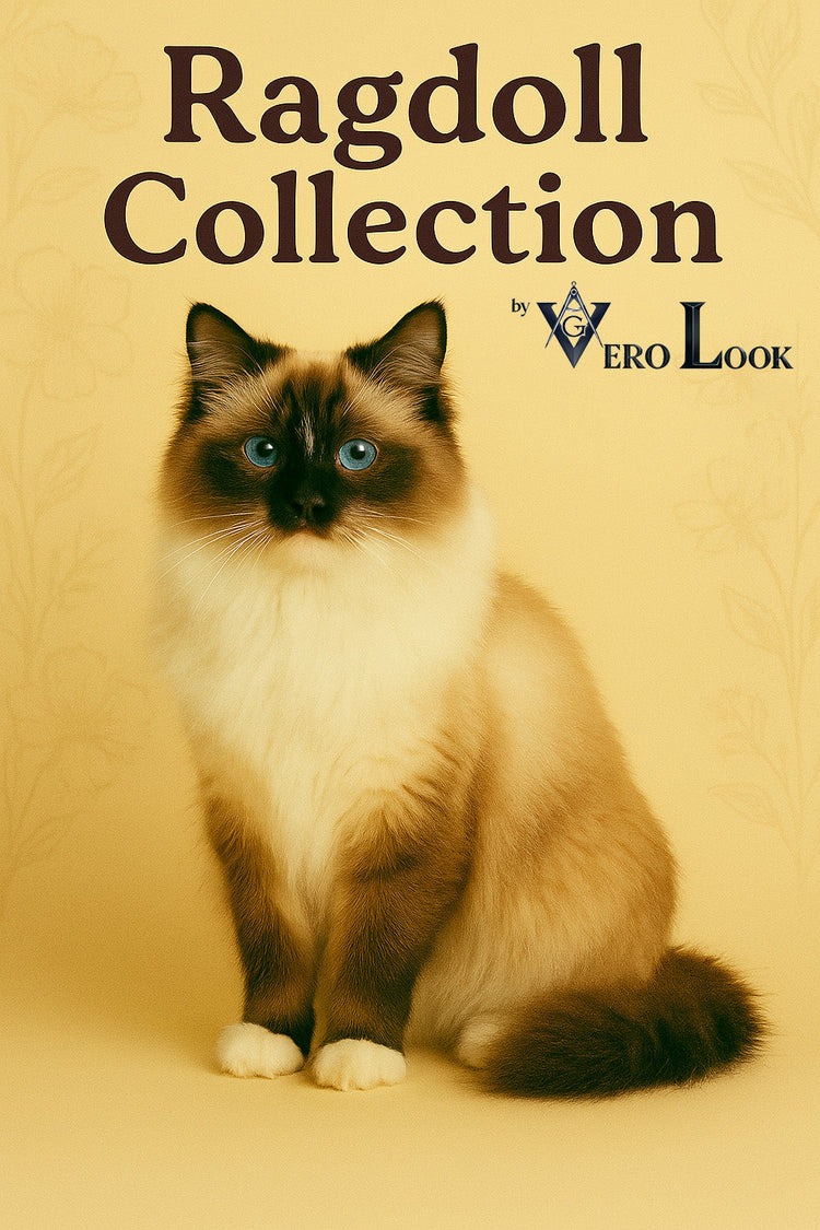 Fluffy Ragdoll cat with bright blue eyes and a seal point coat sits gracefully against a soft beige floral background, featured in the “Ragdoll Collection” by Vero Look — perfect for elegant cat lovers who adore affectionate, gentle breeds.