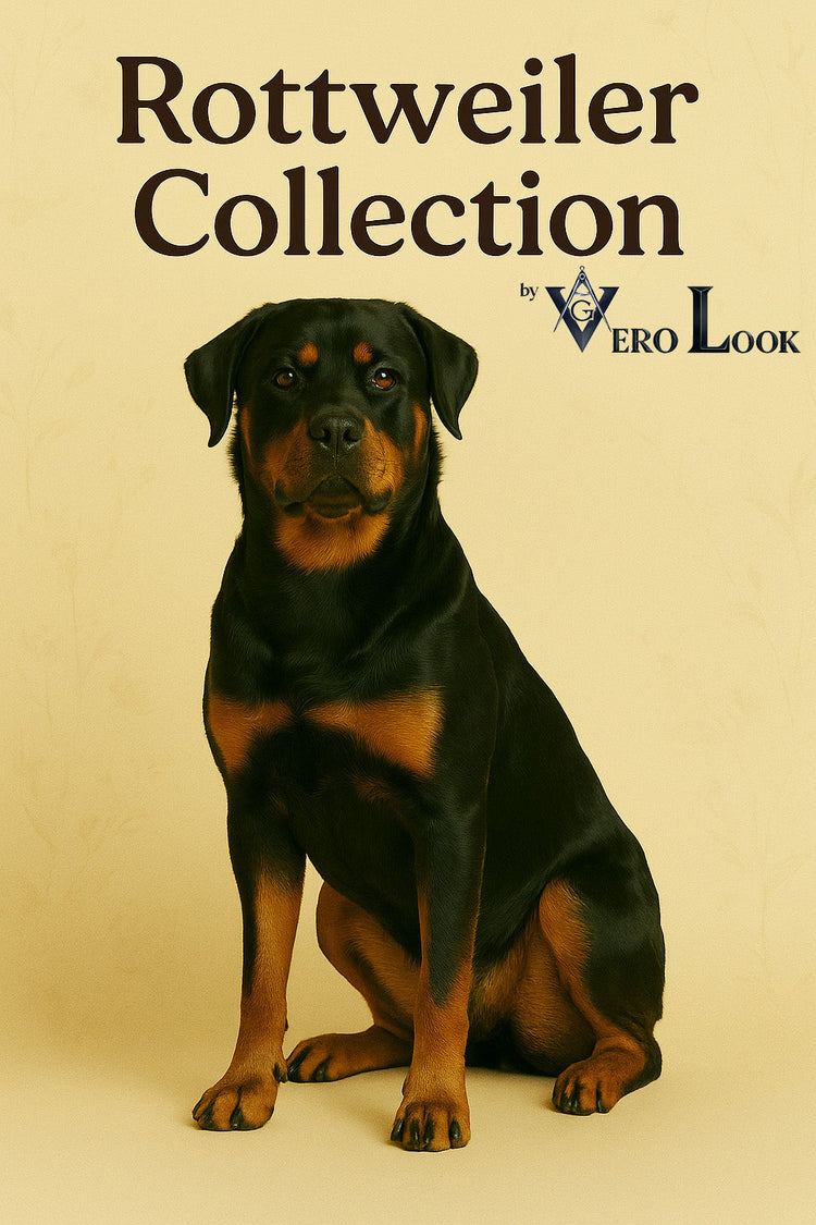 Confident Rottweiler sitting against a soft beige background with subtle floral details, featured in the “Rottweiler Collection” by Vero Look — perfect for loyal dog lovers seeking bold and stylish apparel and accessories.