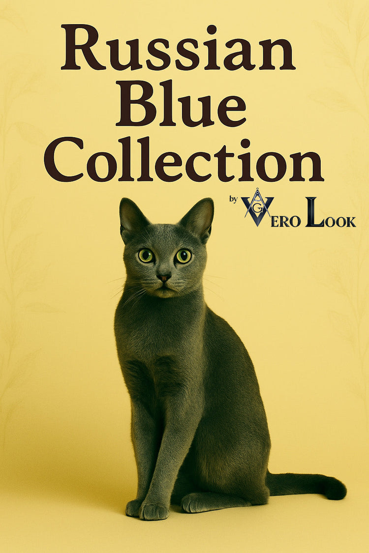 Russian Blue cat with a sleek silver-blue coat and vivid green eyes sits gracefully against a soft beige floral background, featured in the “Russian Blue Collection” by Vero Look — perfect for cat lovers who admire elegance and quiet intelligence.