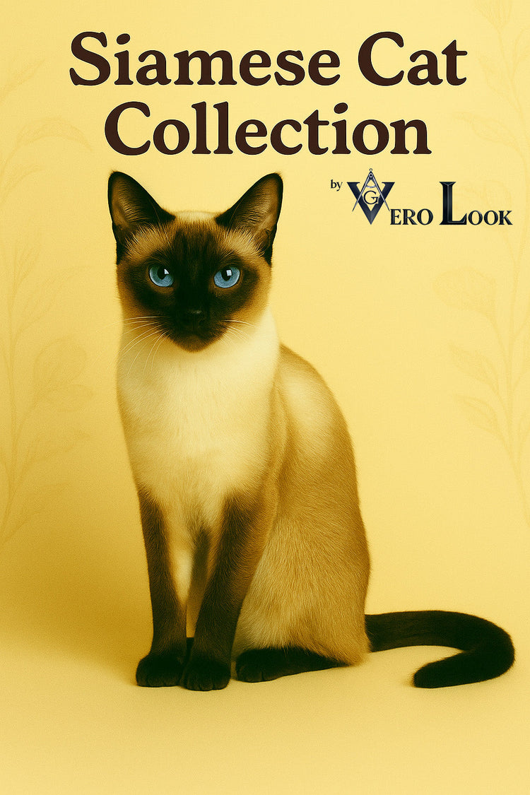 Siamese cat with a slender build, seal point coat, and bright blue eyes sits elegantly against a beige floral background, featured in the “Siamese Cat Collection” by Vero Look — perfect for cat lovers who adore vocal, elegant, and social companions.