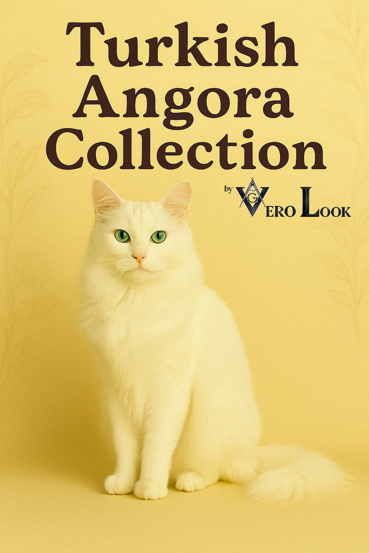 Turkish Angora cat with silky white fur and striking green eyes sits gracefully against a soft beige floral background, featured in the “Turkish Angora Collection” by Vero Look — ideal for cat lovers who adore elegance and refined feline beauty.
