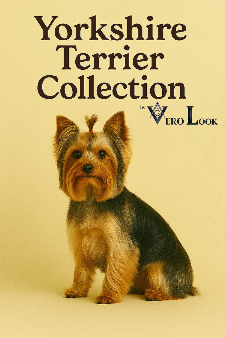 Groomed Yorkshire Terrier sitting confidently against a soft beige floral background, featured in the “Yorkshire Terrier Collection” by Vero Look — ideal for stylish dog lovers who adore elegant and sassy pet-themed fashion and gifts.
